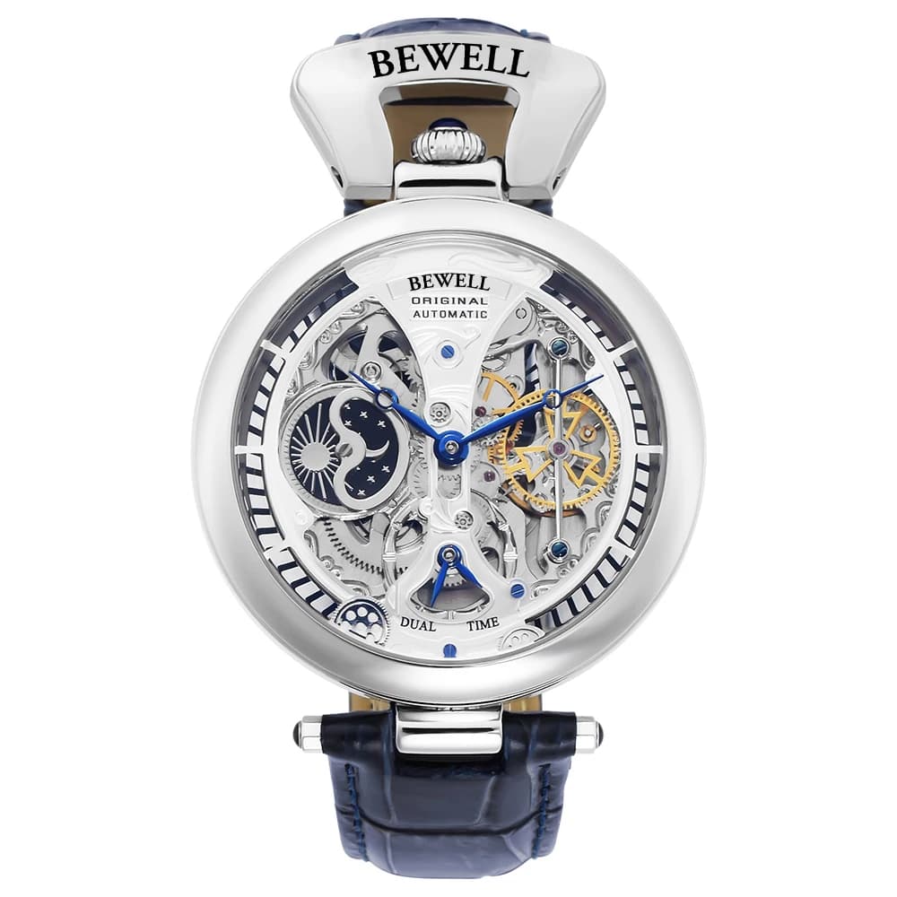 Montre automatique mécanique étanche luxe boîtier acier bracelet cuir véritable fond transparent