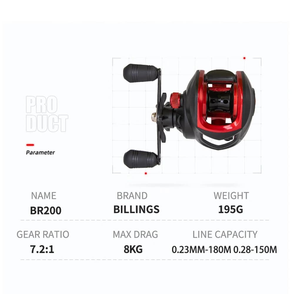 Moulinet de pêche casting BILLINGS BR Series 7.2:1 pour eau douce et mer, 18LB de frein, spool shallow