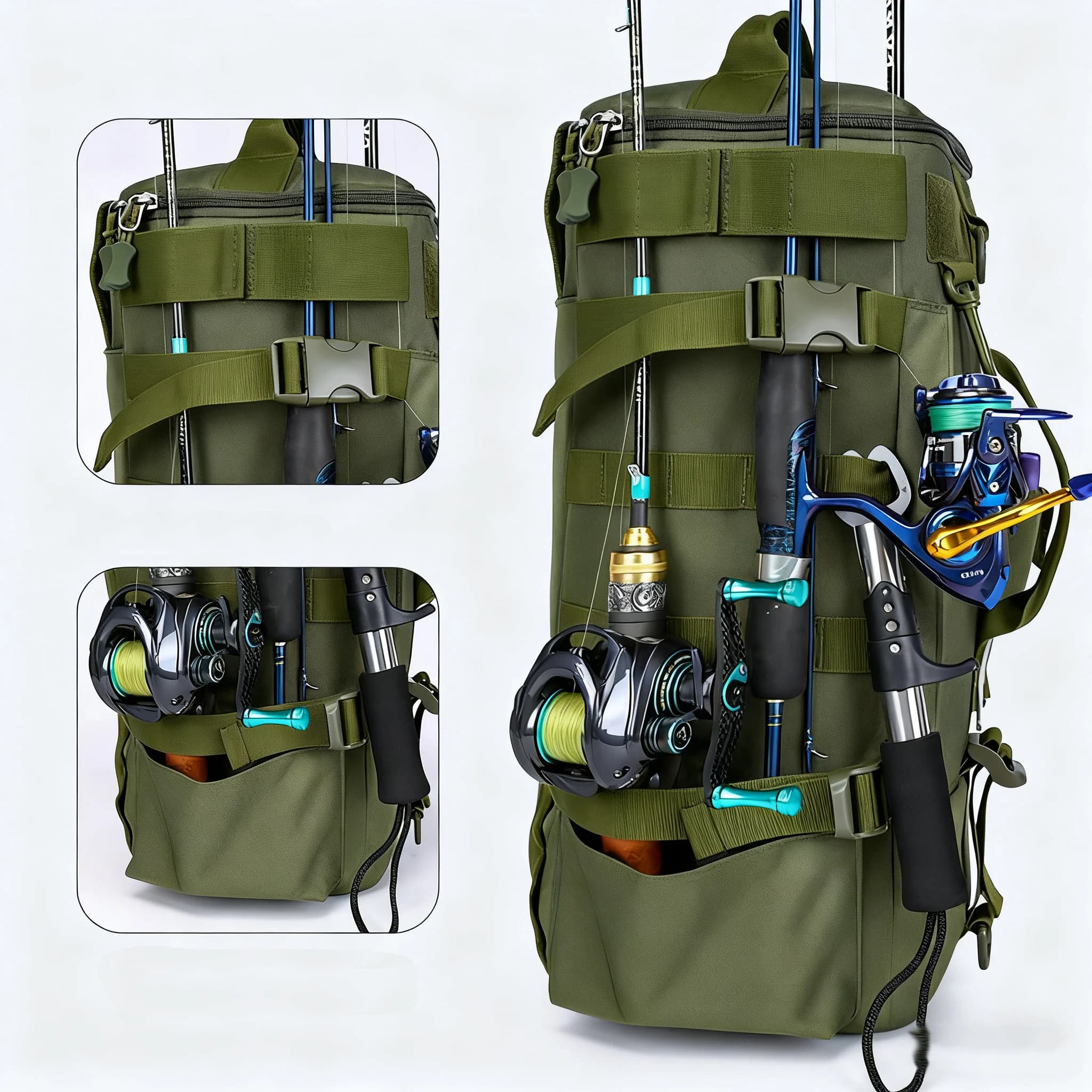 Sac à dos pêche multifonction avec porte-cannes étanche et résistant pour équipement de pêche sportive