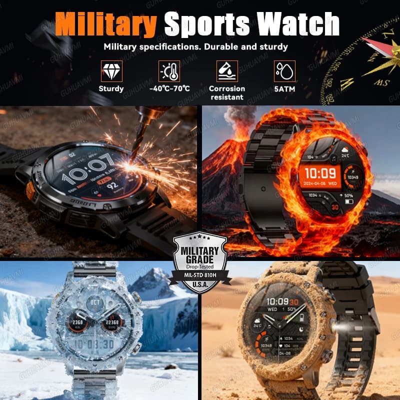 Montre Militaire 2025 T-Rex 3 Ultra - Smartwatch homme batterie 1000mAh étanche 5ATM lampe torche suivi sport