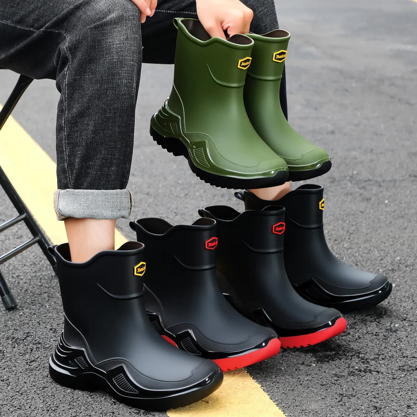 Bottes caoutchouc homme noires coréennes antidérapantes style sport courtes épaisses écologiques