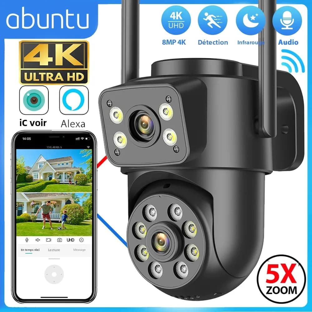 Caméra de surveillance extérieure WiFi 8MP 4K double objectif vision nocturne détection humaine ICsee