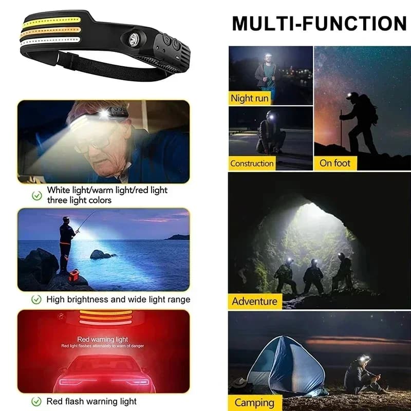 Lampe frontale LED étanche avec batterie intégrée 1200mAh rechargeable USB pour pêche