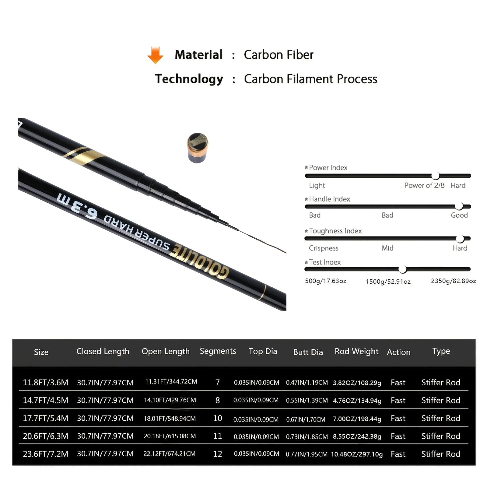 Canne à carpe télescopique Goture 46T fibre de carbone 3m à 7.2m ultra légère feeder tenkara pêche voyage