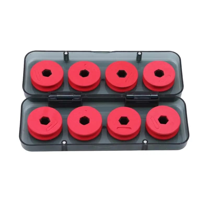 Boîte de rangement pour pêche avec bobines et dévidoirs pour lignes principales rouges et accessoires