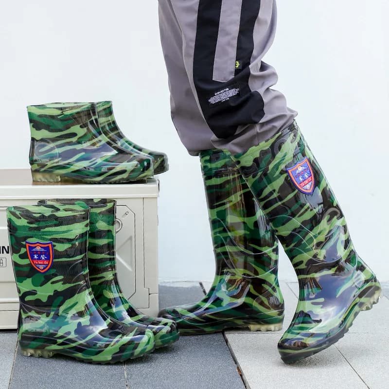 Bottes pluie camouflage hautes unisexes pêche travail antidérapantes caoutchouc