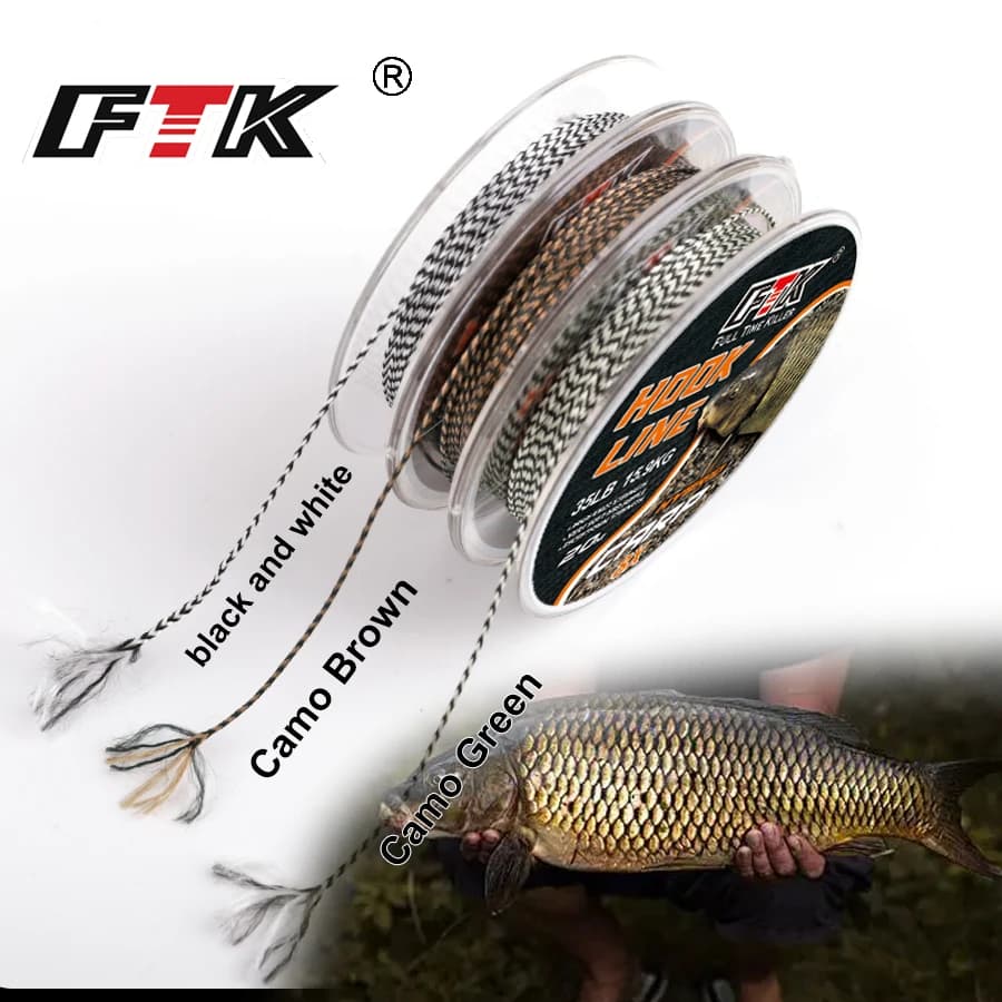 Ligne Carp Fishing FTK 20m 15/25/35LB pour hair rig - Tressée non gainée souple pour pêche carpe