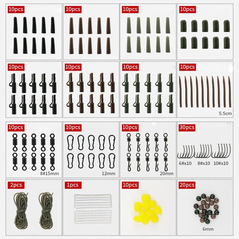 Accessoires pêche carpe 173 pièces - Montages rigs émerillons doubles côtés équipement carpe