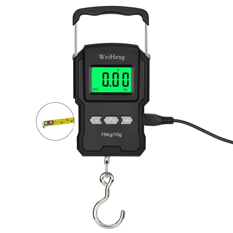 Balance numérique rechargeable pêche 75kg/10g avec mètre ruban - Pèse-poisson LCD haute capacité