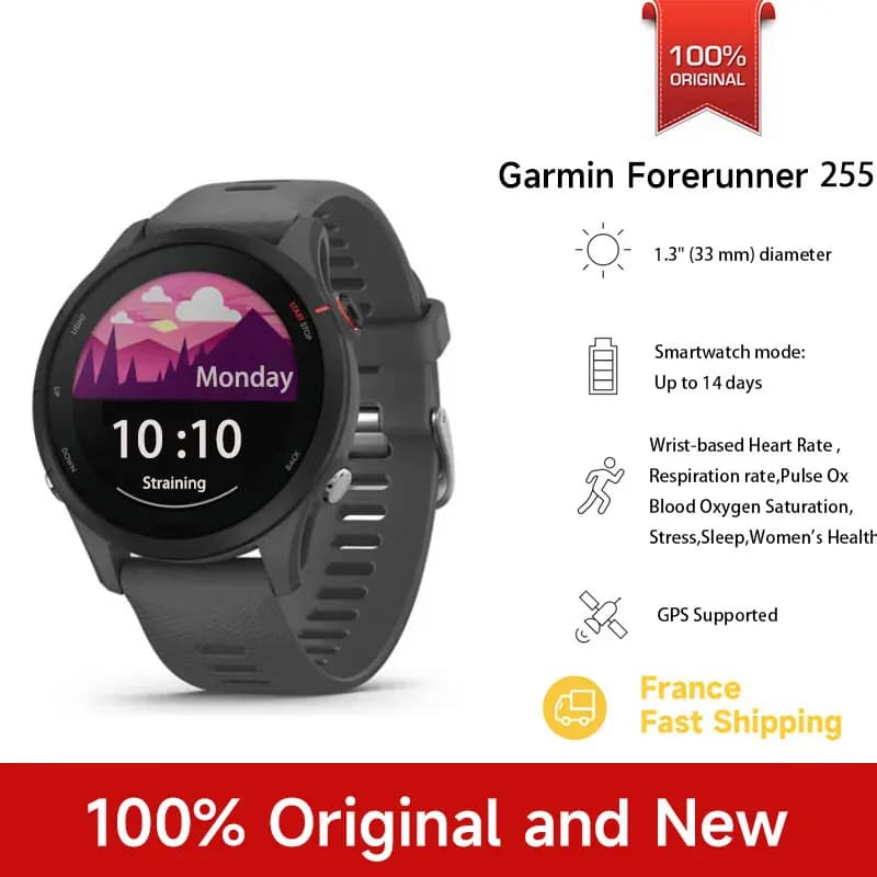 Montre Garmin Forerunner 255 - GPS sportif 46mm, autonomie 14 jours, étanche 5ATM pour pêcheurs exigeants