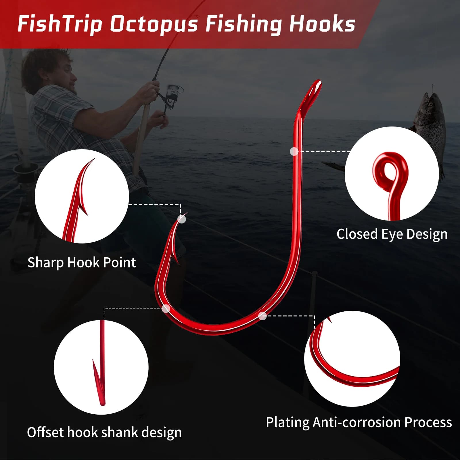 Hameçons Red Octopus FishTrip 50 à 100 pièces pour carpe et silure - Forte puissance 2X,