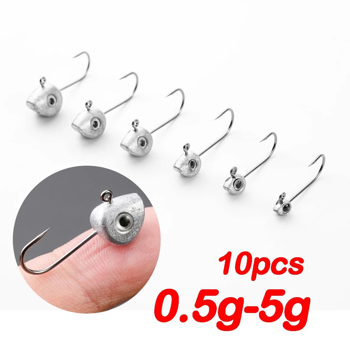 Lot de 10 hameçons jig tête plombée 0.5g à 5g avec yeux 3D pour leurres souples,