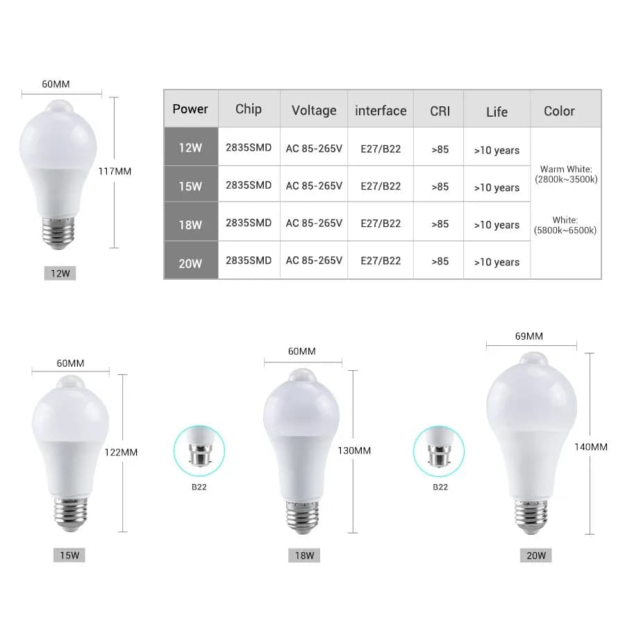 Ampoule LED E27 B22 détecteur de mouvement PIR 12W à 20W pour extérieur, éclairage automatique porche jardin