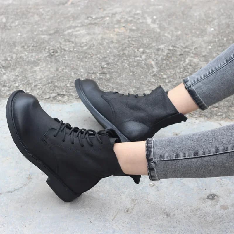 Bottes courtes cuir véritable fait main - Talons plats pêche confort chaud femmes