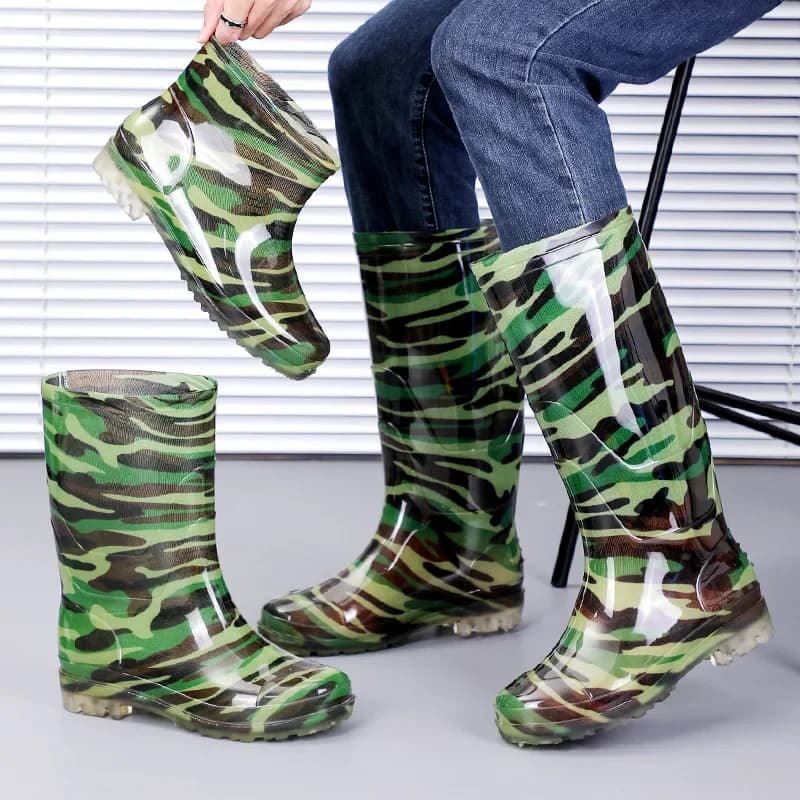 Bottes camouflage mi-mollet imperméables doublées polaire - Chaussures caoutchouc unisexes antidérapantes