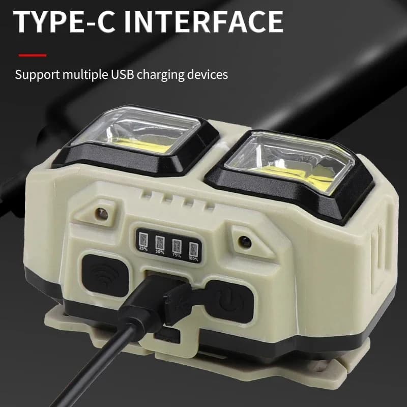 Frontale COB avec capteur rechargeable USB étanche pour pêche camping travaux miniers lumière