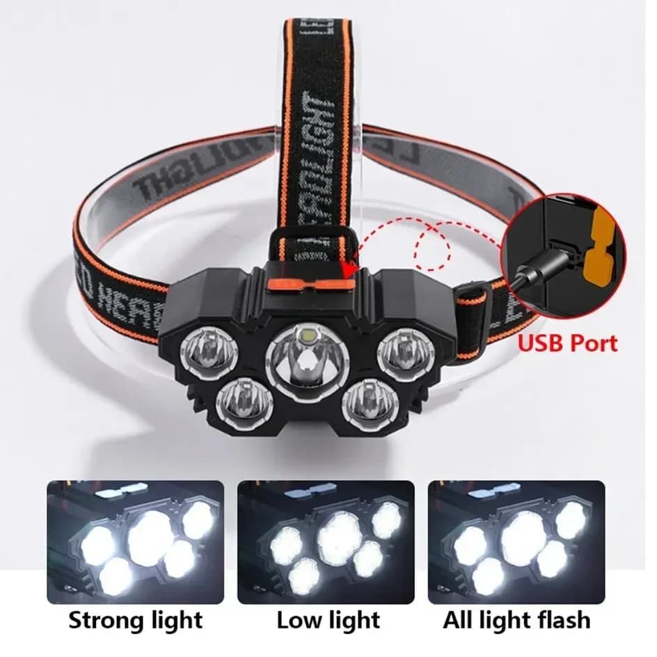 Lampe frontale LED puissante rechargeable USB 18650 pour pêche nocturne et camping