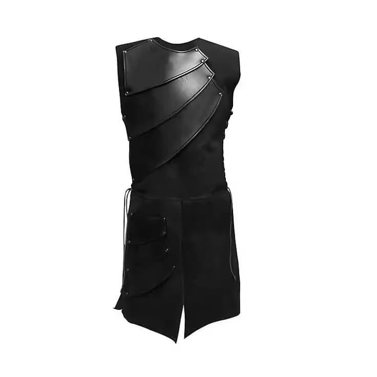 Vêtement médiéval homme sans manches noir à col rond et lanières latérales pour fête et scène