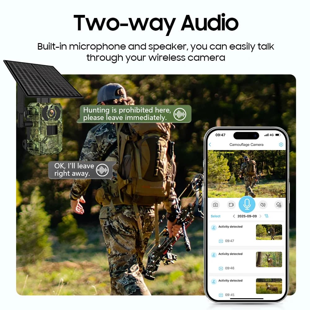Caméra trail 4G cellulaire solaire 3MP HD étanche IP66 avec détection de mouvement et application Ubox