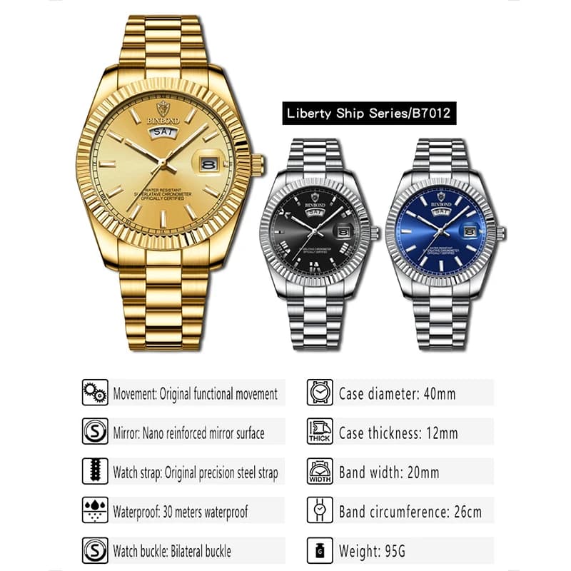 Montre homme sport acier inoxydable étanche date jour quartz marque BINBOND relogio masculino