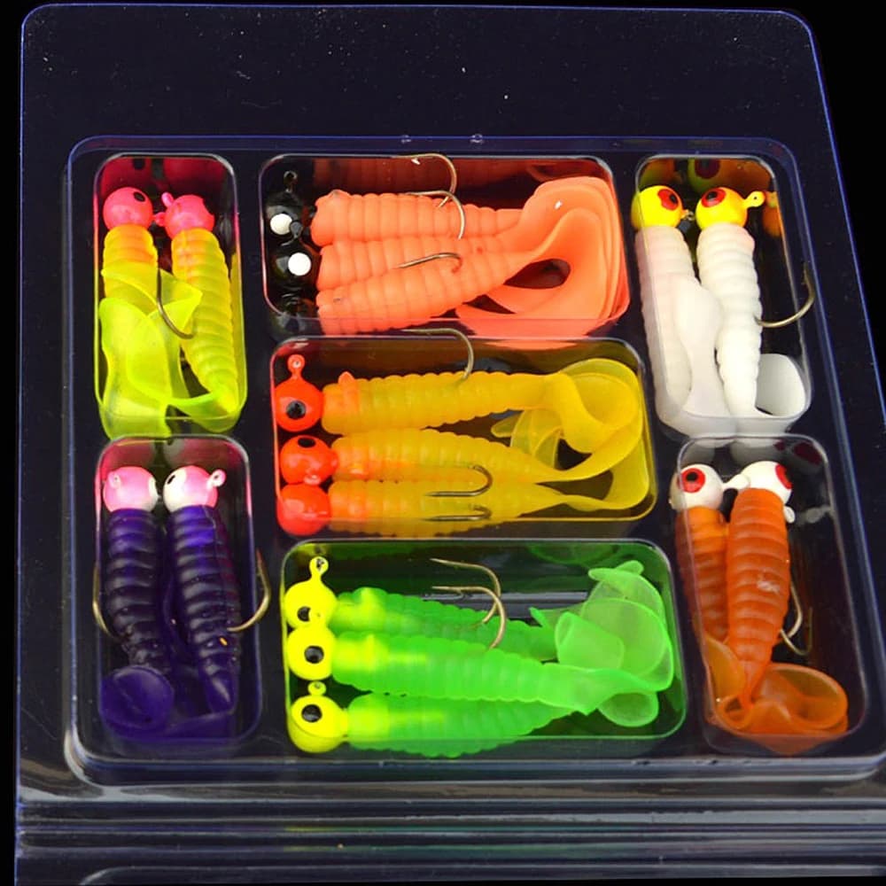 Kit pêche leurres souples: 17 têtes plombées + 17 leurres silicone vers pour truite, perche, sandre