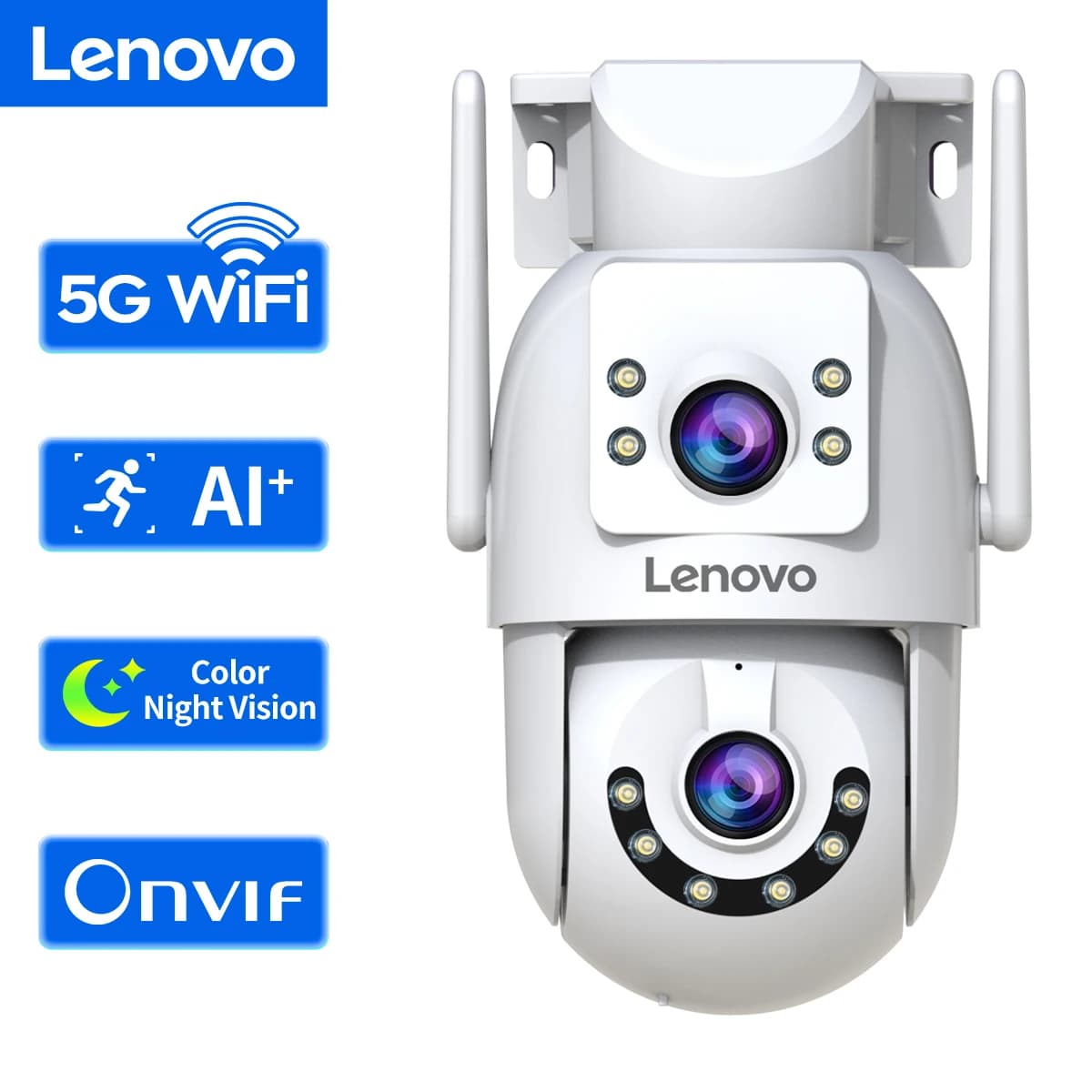 Caméra de surveillance WiFi Lenovo 4K extérieur double lentille PTZ, tracking automatique pour sécurité maison et abri pêche