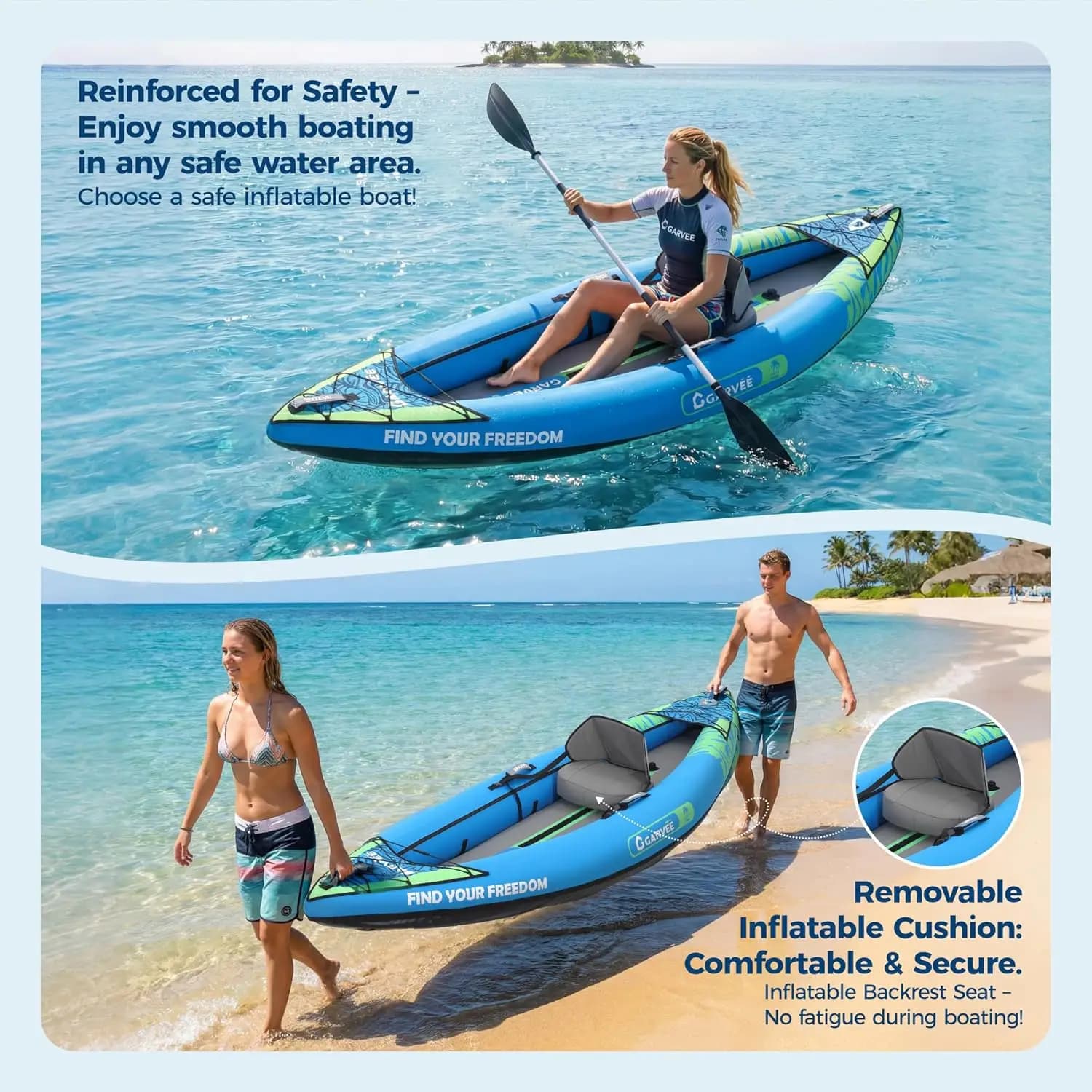 Kayak gonflable 2 places pour pêche et randonnée avec sièges rembourrés, pagaies et pompe