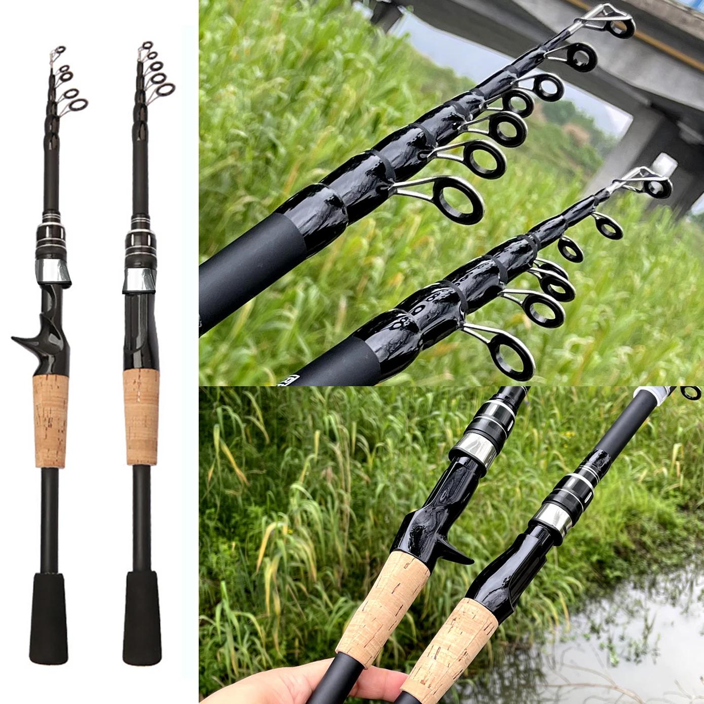 Canne télescopique leurre carbone 1.5m à 2.4m pour pêche en rivière - Baitcasting rod 8g-25g manche en bois