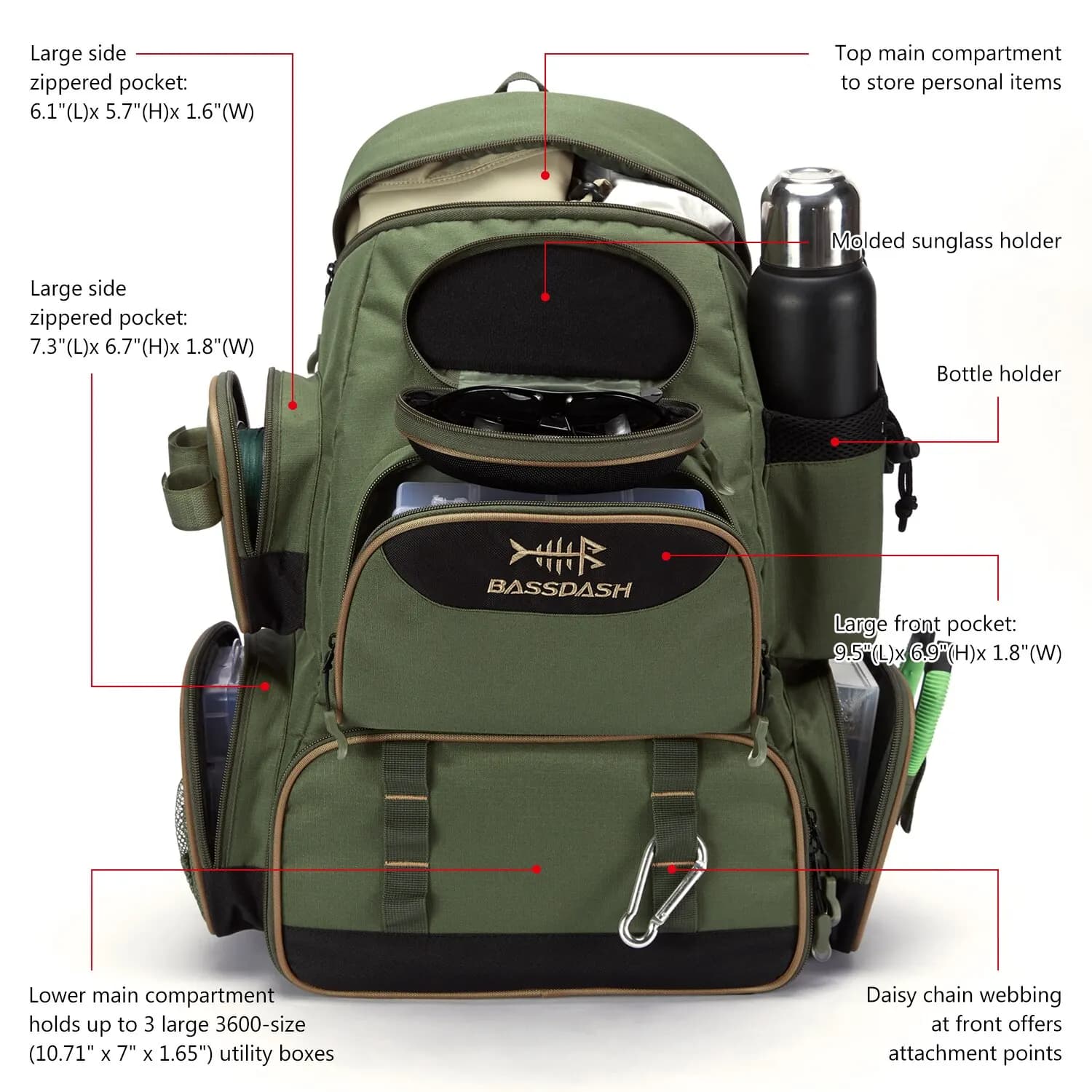 Sac à dos Bassdash pour matériel de pêche - Boîte à accessoires tactique légère et multifonction pour pêcheurs