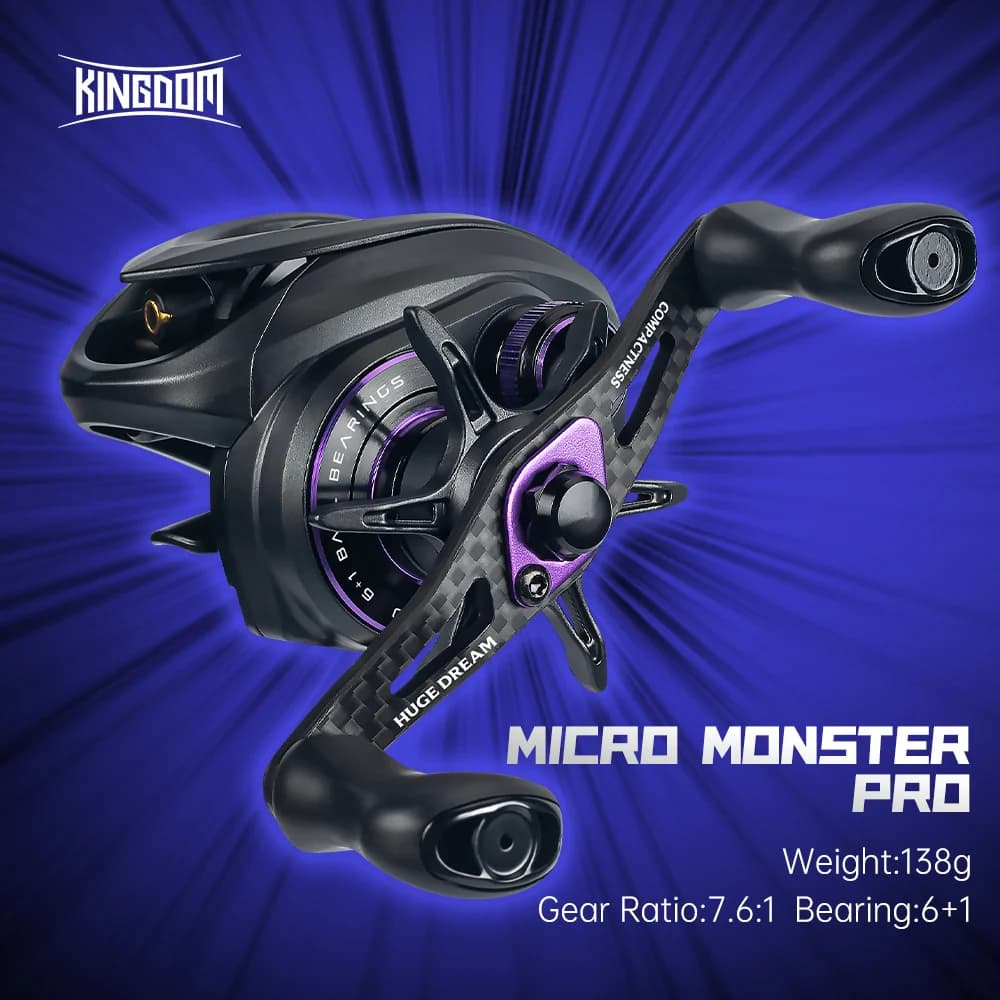 Moulinet baitcasting ultra-léger Kingdom Micro Monster Pro 138g ratio 7.6:1 frein 4.6kg carbone pour pêche précise
