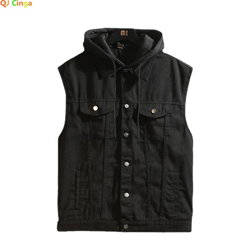 Veste sans manches denim homme printemps été automne noire avec capuche pour ados grande taille M-5XL