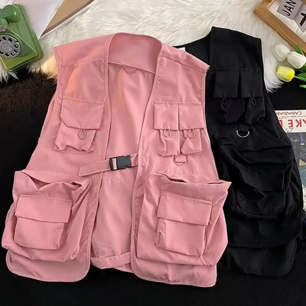 Gilet cargo multi-poches unisexe - Style hip-hop - Fermeture à boucles - Coupe ample décontractée