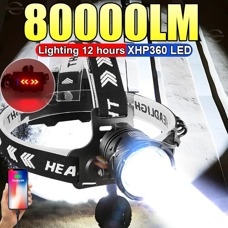 Lampe frontale pêche 80000lm rechargeable USB grand angle XHP360 pour pêche en mer et rivière