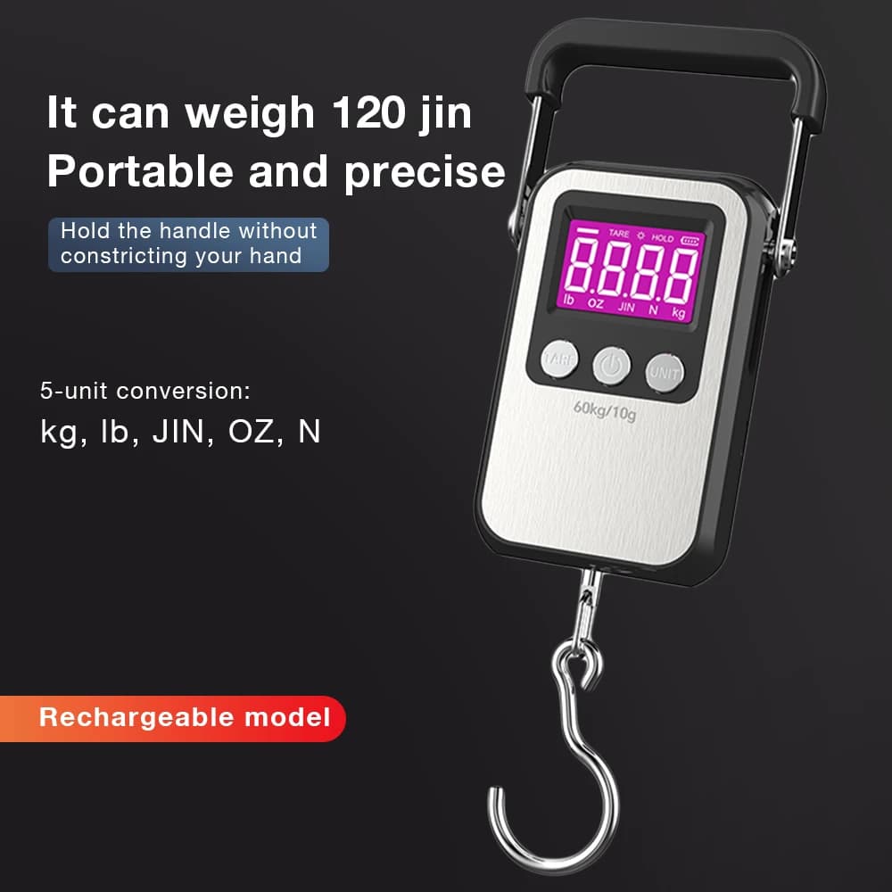 Balance numérique suspendue rechargeable 60kg/10g en acier inoxydable pour pêche et usage domestique