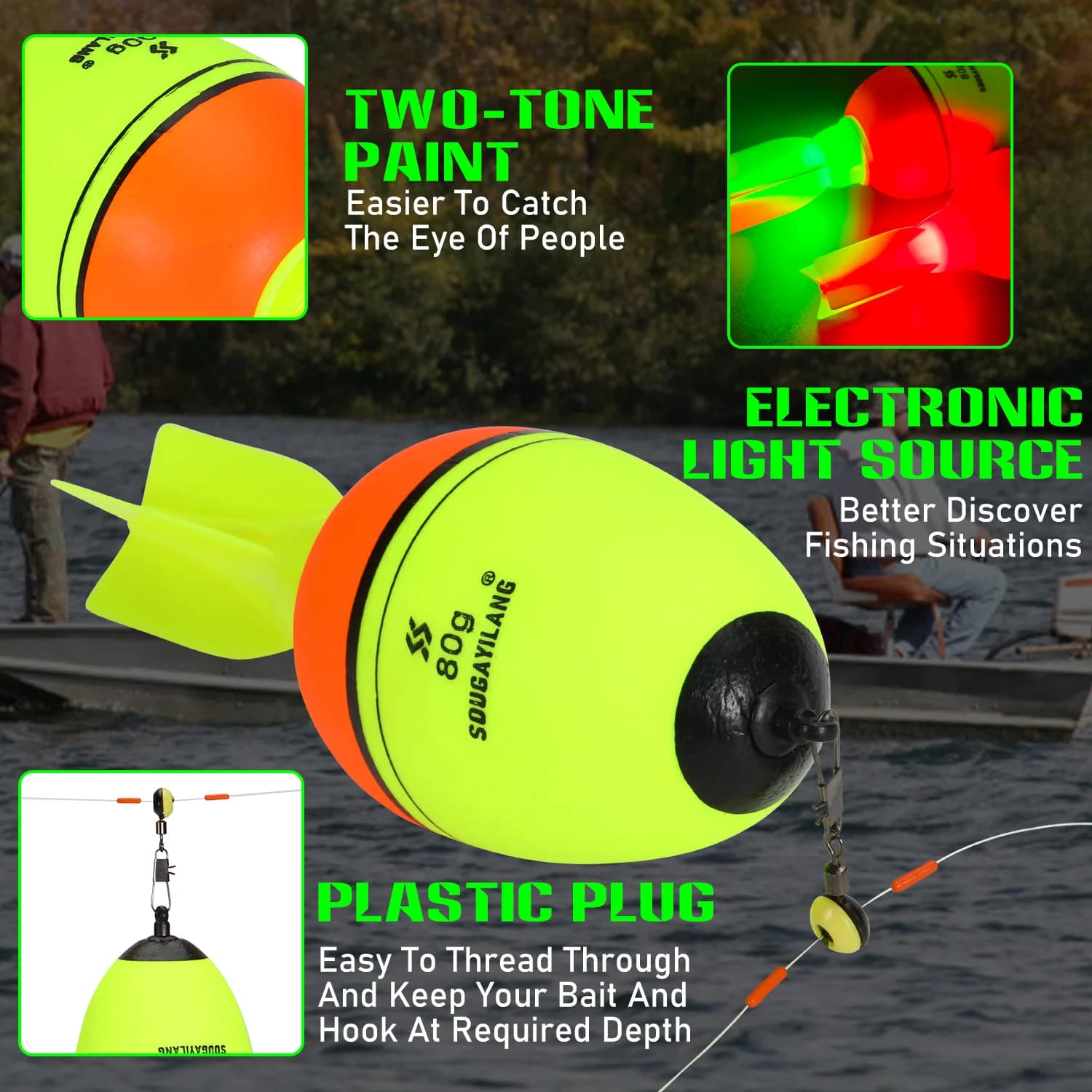 Flotteurs lumineux Sougayilang forme fusée 2 pièces - Matériau mousse haute densité pour pêche 30-100g