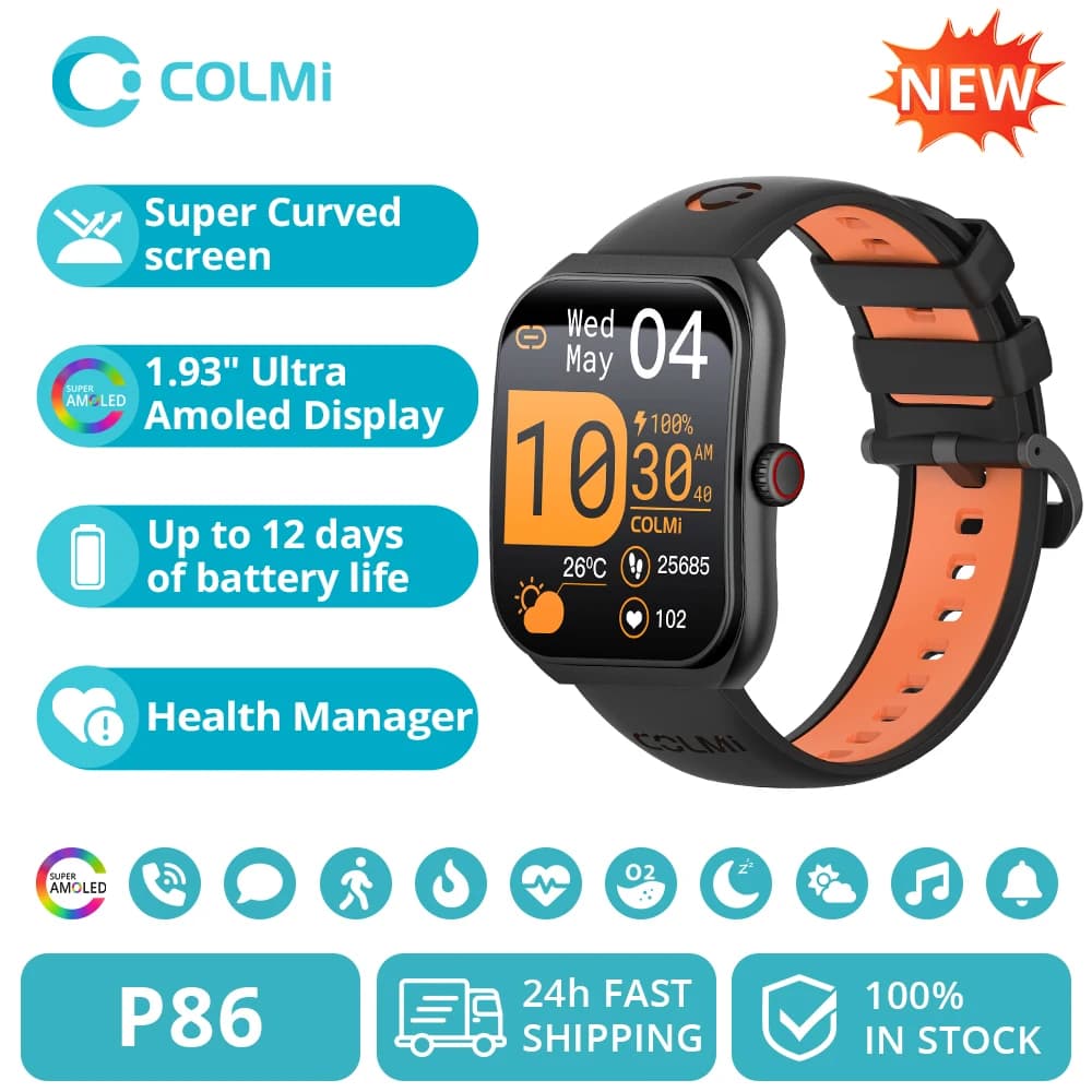 Montre COLMI P86 - Écran AMOLED 1.93 pouces, gestion santé, IP68 étanche et compatible Xiaomi iOS