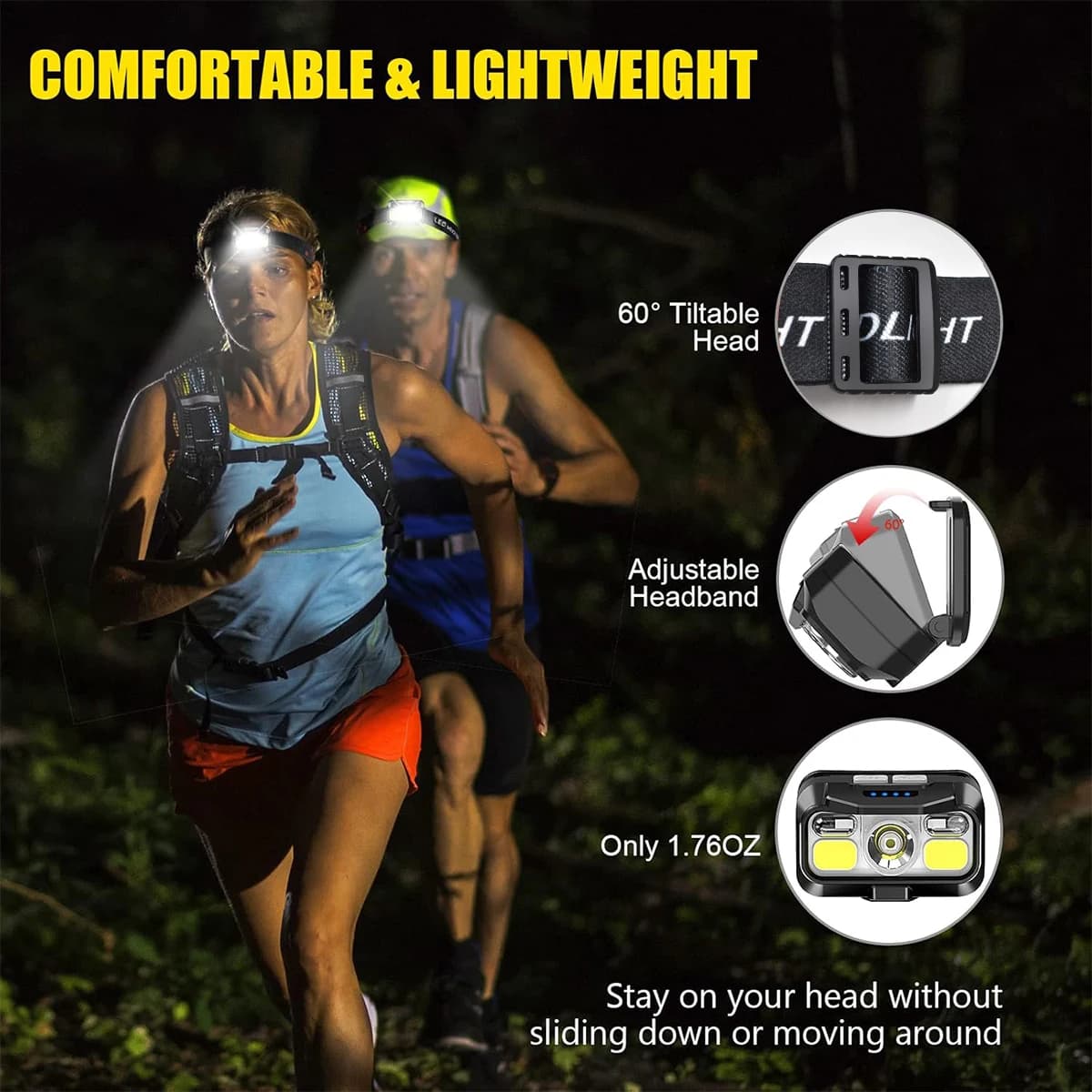 Frontale rechargeable 1200 lumens avec détecteur de mouvement pour pêche nocturne - Lumière blanche et rouge