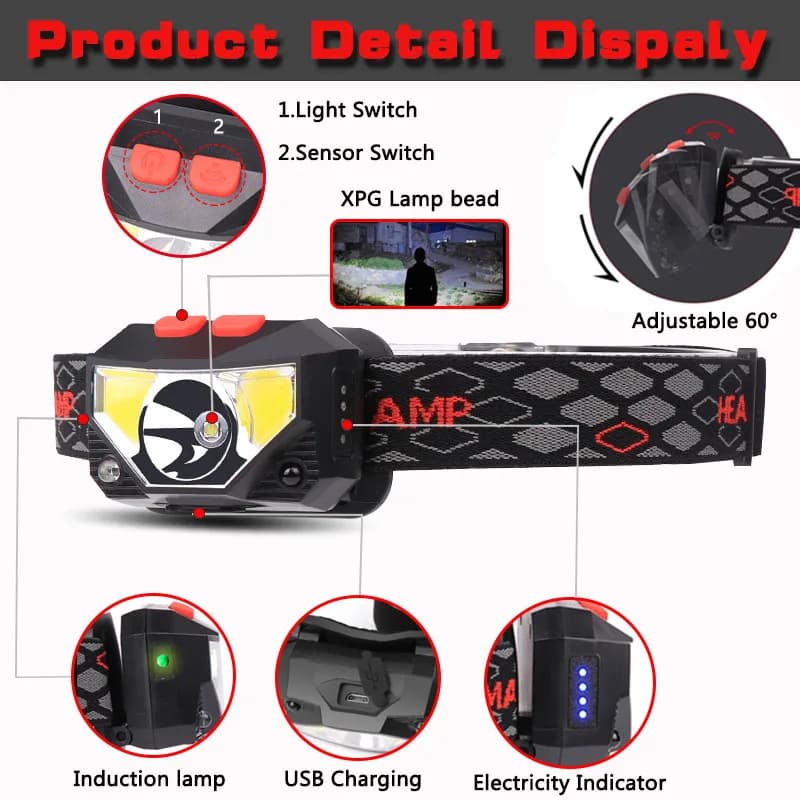 Lampe frontale LED détecteur de mouvement 6 modes - Frontale pêche rechargeable USB étanche XPE+COB