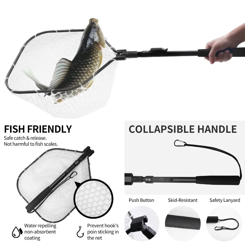 Filet de réception pêche à la mouche maille caoutchouc douce léger portable avec manche aluminium