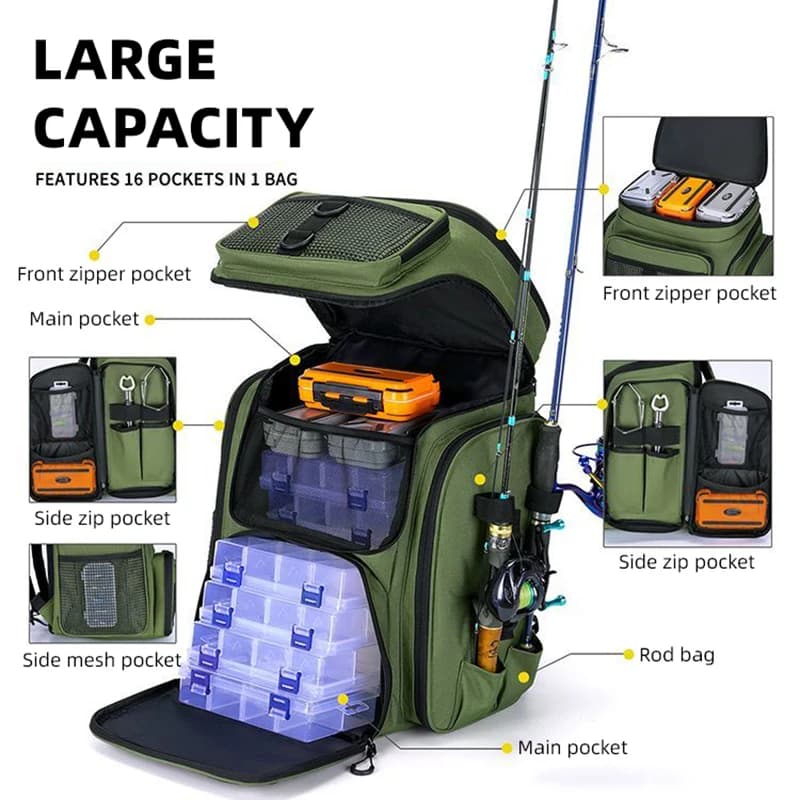 Sac de pêche 50L avec porte-cannes sac poitrine organisation leurres rangement sac à dos camping randonnée