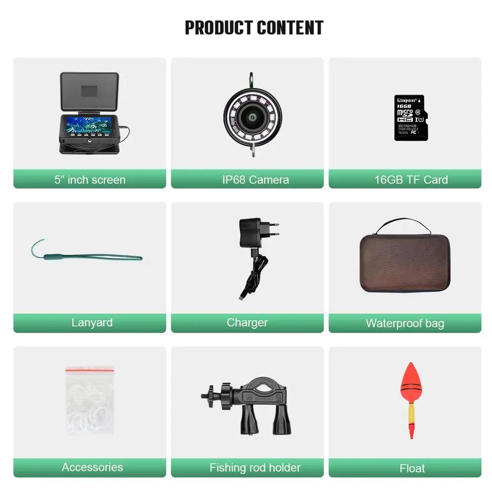 Caméra pêche sous glace 5 pouces DVR AHD 1080P 12 LEDs IR avec carte 16GB pour enregistrement vidéo