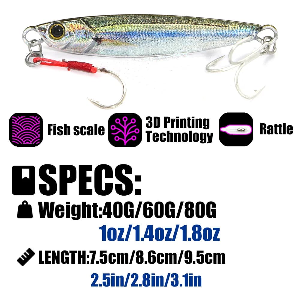Leurre métallique B&U Rattle Jig 40g 60g 80g pour pêche en mer - Long casting et vibrations intenses