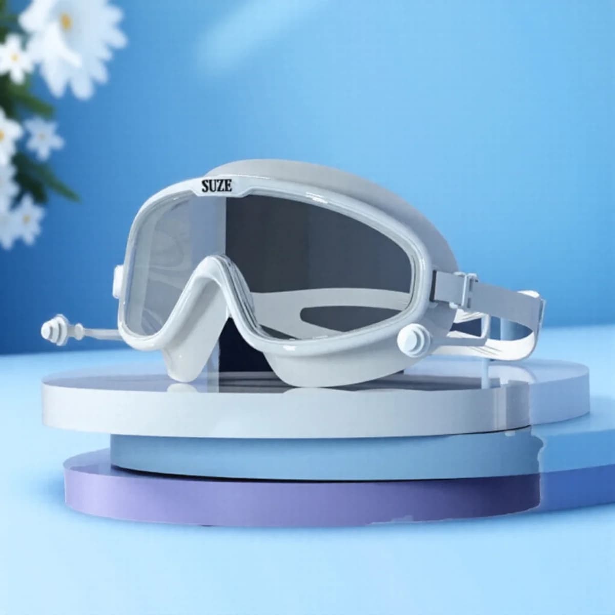 Lunettes de natation grand cadre fashion avec étui - Verres PC HD anti-buée, silicone doux, bouchons anti-glisse