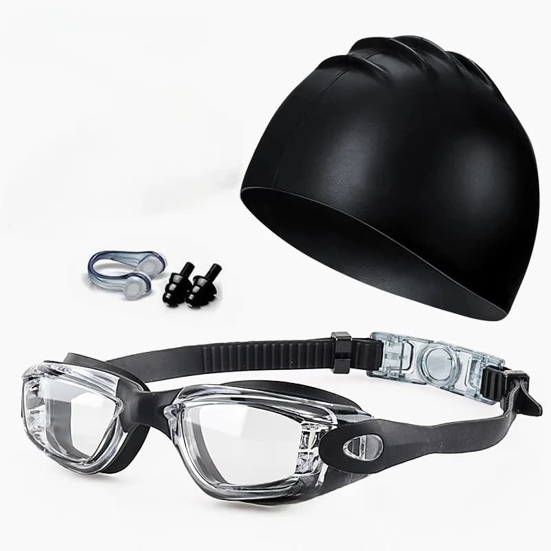 Set natation adulte complet : lunettes HD étanches anti-buée UV avec bonnet de bain inclus