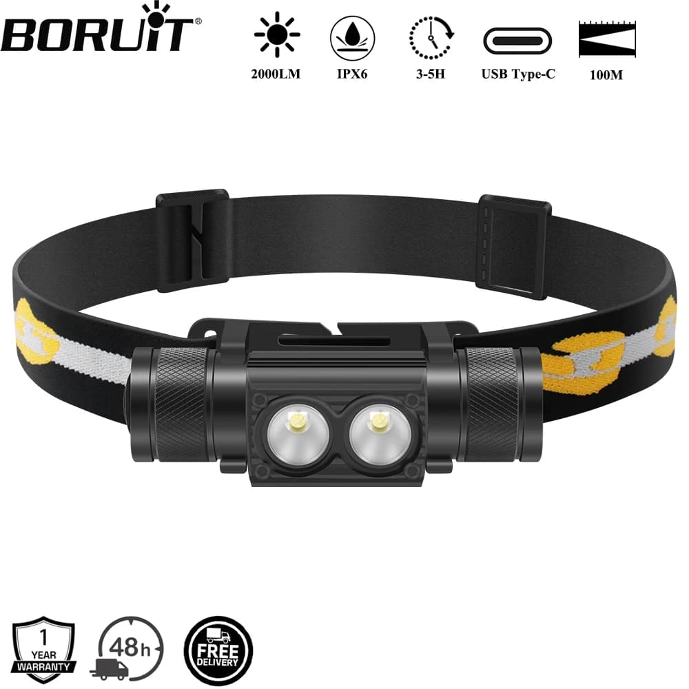 Lampe frontale BORUiT D25 double LED 2000LM étanche Type-C pour pêche et camping - Ultra-puissante