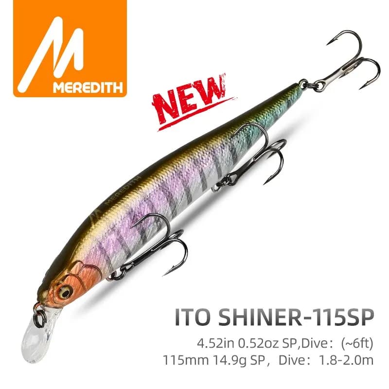 Leurre pêche minnow wobbler MEREDITH ITO SHINER-115SP avec système plombé tungstène pour pêche précise