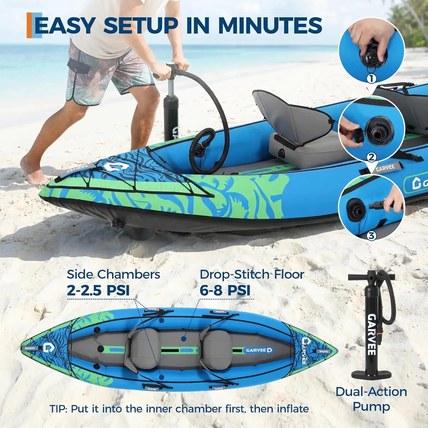 Kayak gonflable 2 places pour pêche et randonnée avec sièges rembourrés, pagaies et pompe