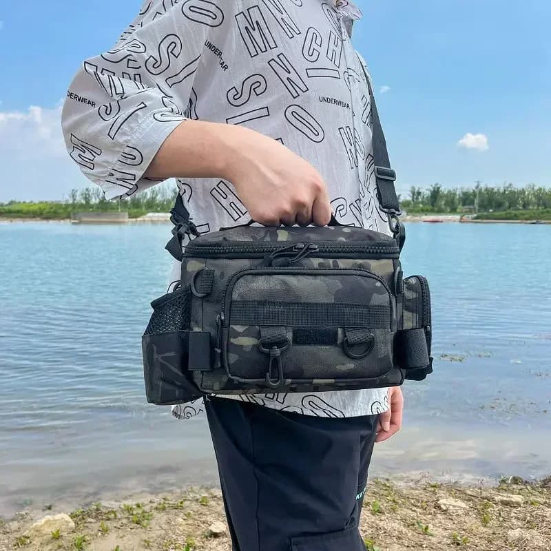 Sac à dos de pêche avec porte-canne et banane - Sac bandoulière pour leurres et accessoires de pêche