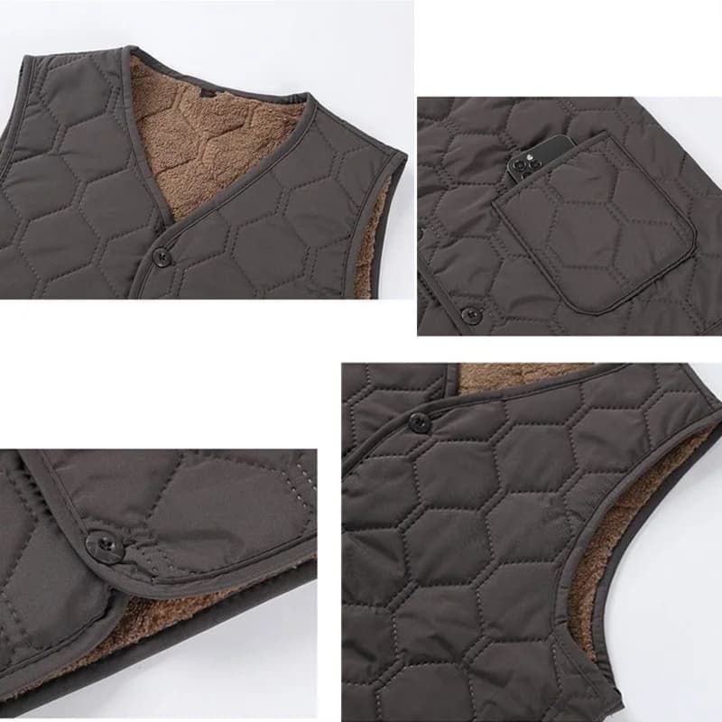 Gilet homme sans manches polaire épais hiver col V boutonnés plaid casual