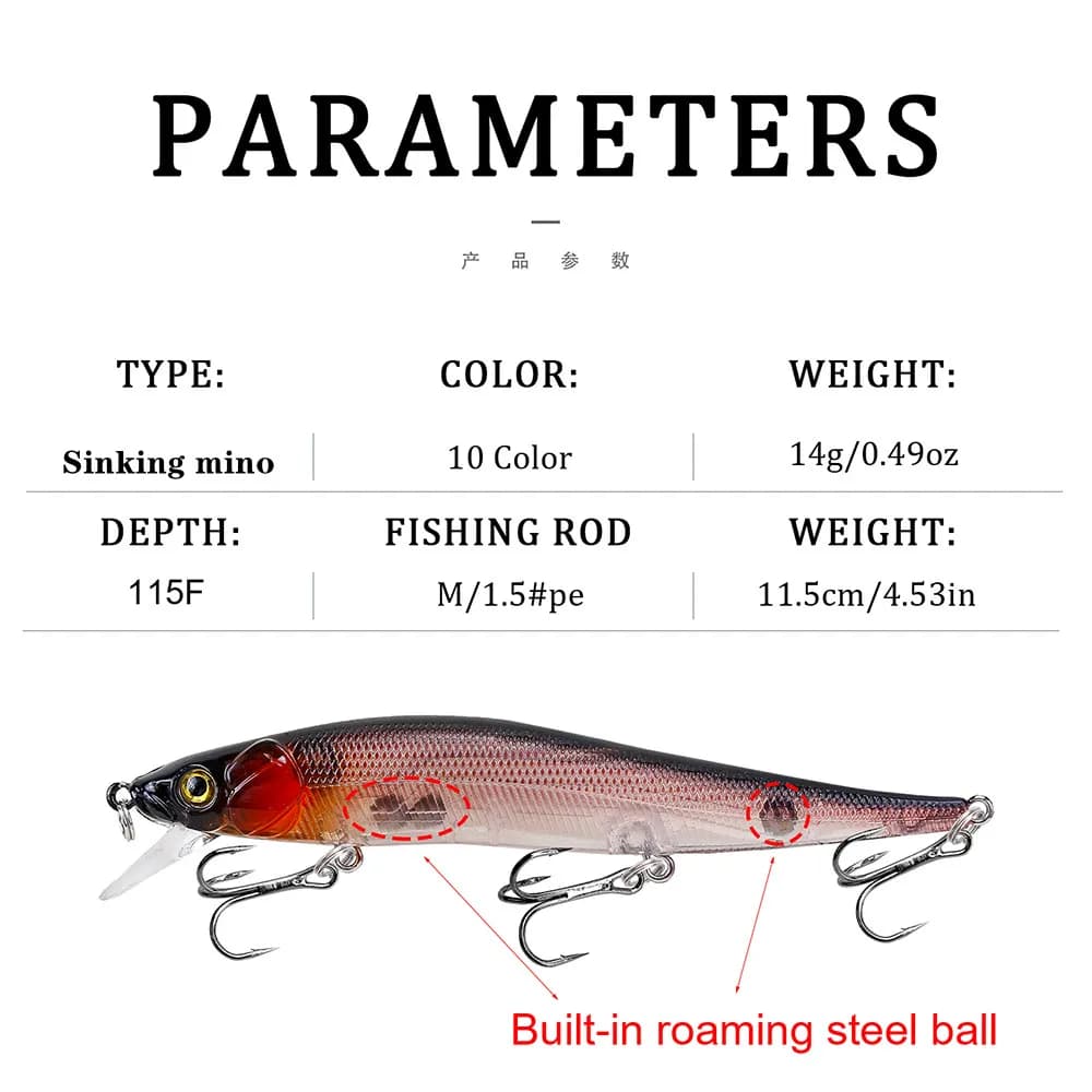 Leurre de pêche 115mm 14g Minnow Crankbait - Appât artificiel pour brochet, perche et carpe